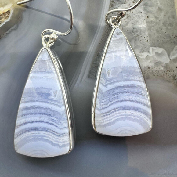 Sterling Silver Southwestern Style Triangle Blue Lace Agate Dangle Earrings - Picture 1 of 10